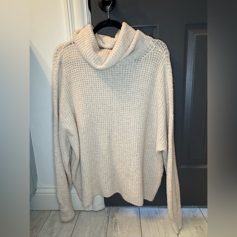 American Eagle Cozy Up Waffle Knit Turtleneck Cream Sweater